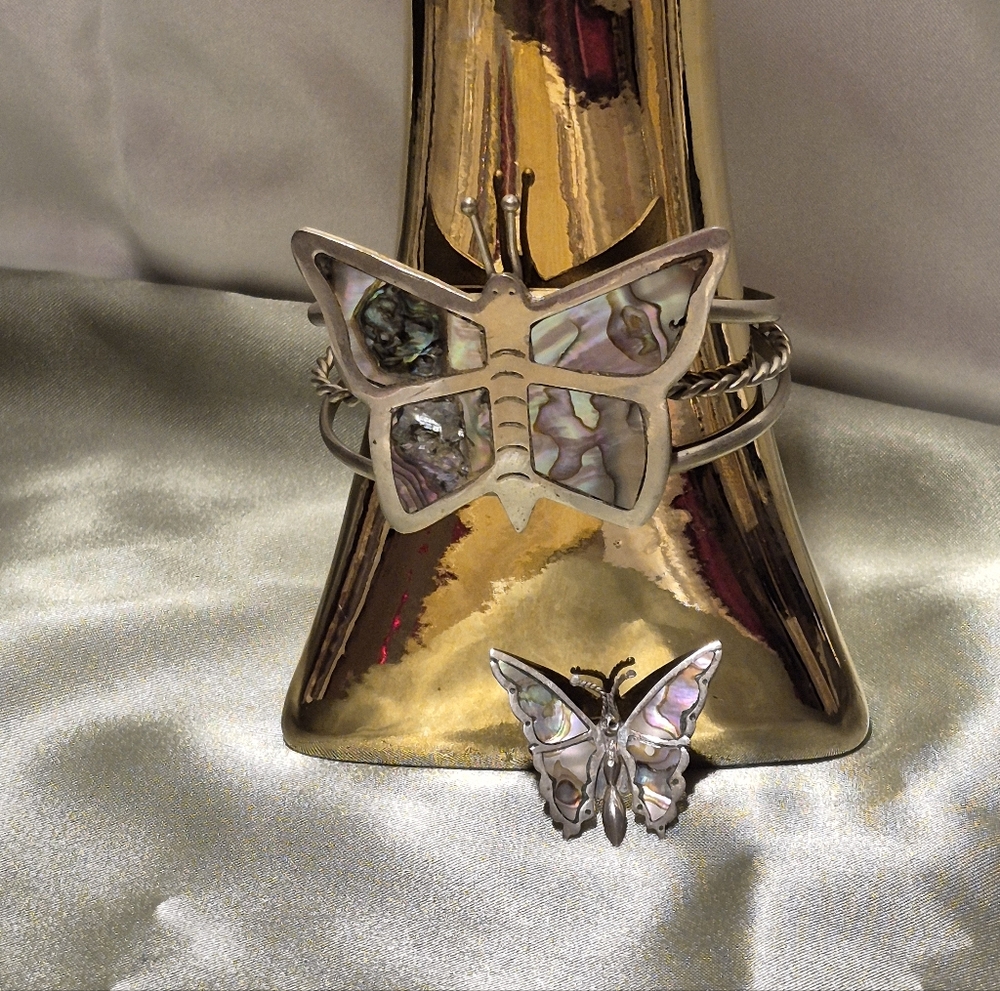 Hecho En Mexico Silver Abalone Butterfly Jewelry Set Bracelet Cuff & Brooch Pin